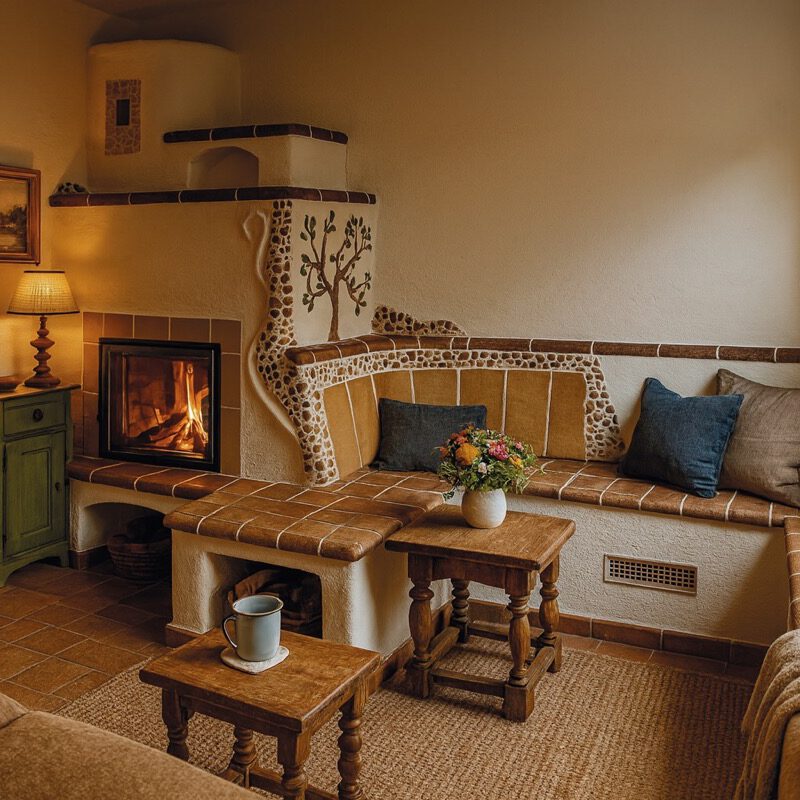 Gemauerter Speicherofen mit Eckbank und dekorativen Naturstein-Elementen