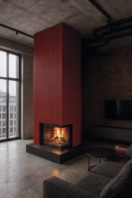 09-Ambio-Speicher_und-Grundofen Moderner Speicherofen mit roter Kachelverkleidung in Loft-Wohnung