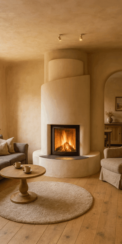 Runder Speicherofen in organischer Form mit Glasfront in gemütlichem Wohnzimmer