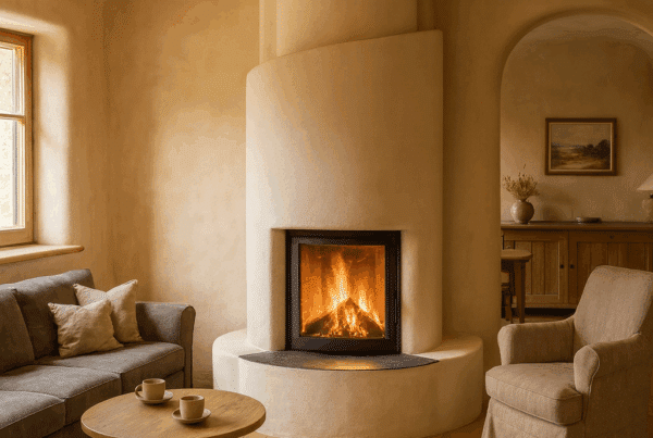 Runder Speicherofen in organischer Form mit Glasfront in gemütlichem Wohnzimmer