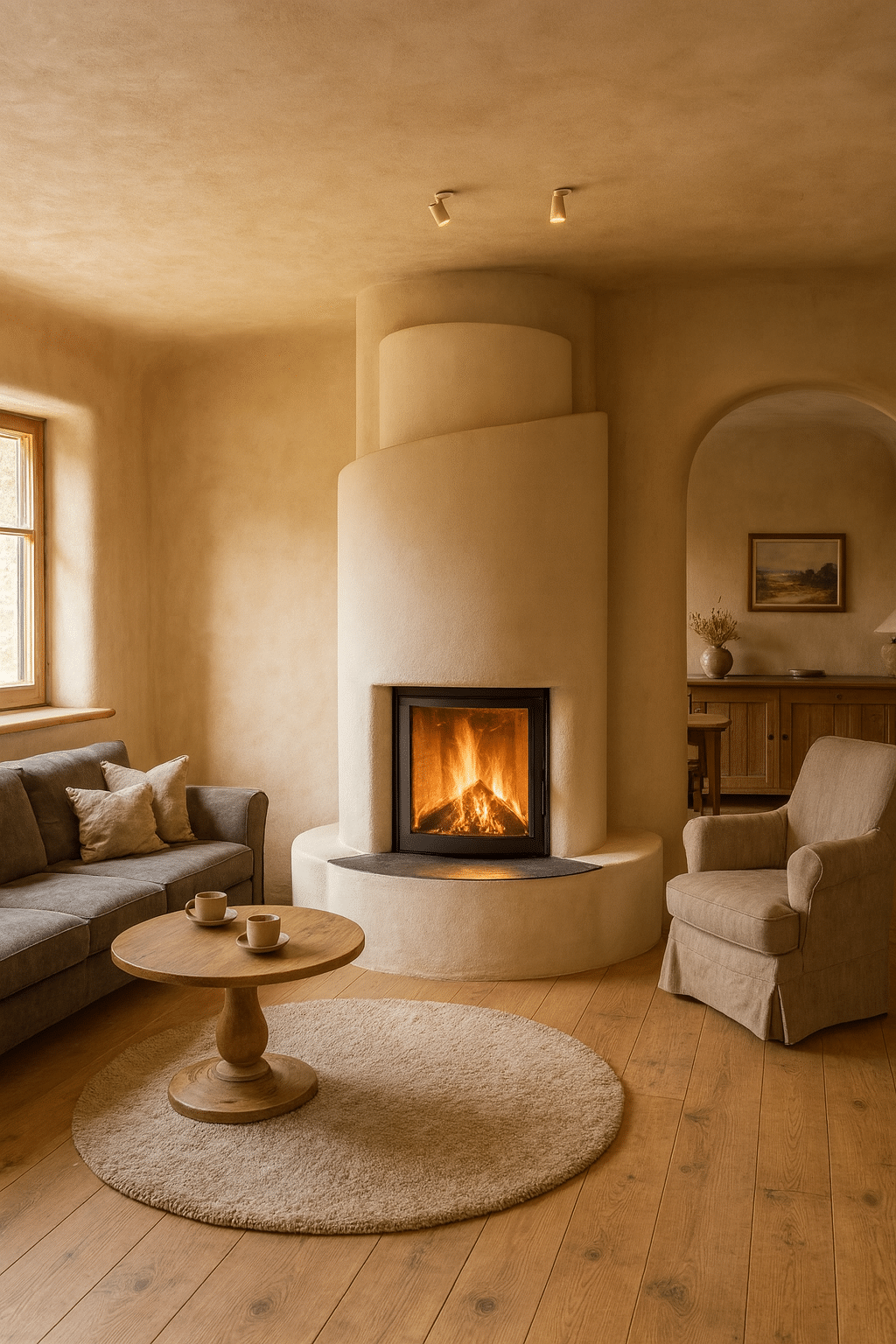 Runder Speicherofen in organischer Form mit Glasfront in gemütlichem Wohnzimmer