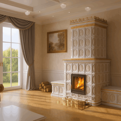 Prächtiger Kachelofen mit goldenen Verzierungen in klassischem Wohnraum