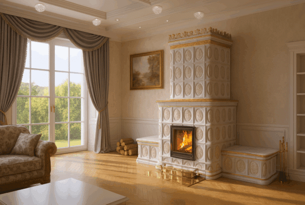 Prächtiger Kachelofen mit goldenen Verzierungen in klassischem Wohnraum