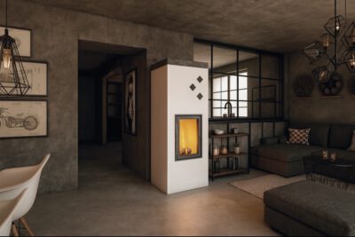 Modell Alto - Schlichter Grundofen mit Glasfenster und grafischen Details in modernem Wohnraum