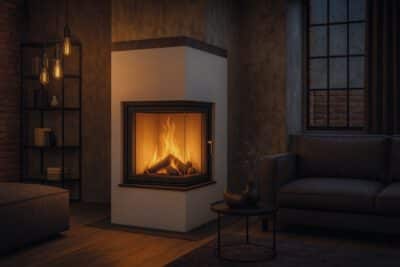 Angolo - Eckofen mit Glasfront und loderndem Feuer in modernem Wohnzimmer mit dunklem Sofa