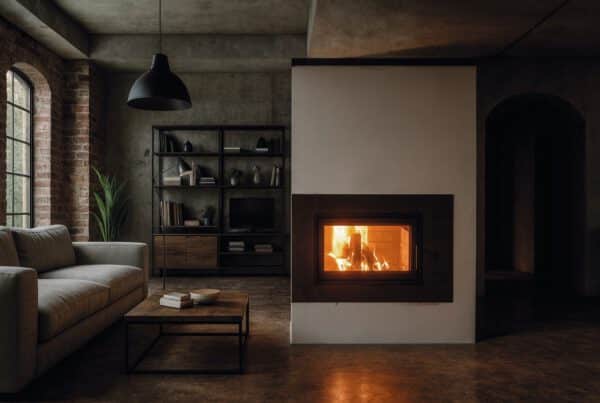 Palmyra Lungo - Moderner Speicherofen mit großer Glasfront in Loft-Wohnzimmer mit Sichtbeton und Backstein