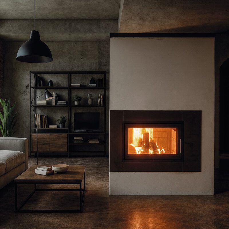 Palmyra Lungo - Moderner Speicherofen mit großer Glasfront in Loft-Wohnzimmer mit Sichtbeton und Backstein