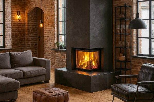 Moderner Eckgrundofen im Loft-Stil Moderner Eckgrundofen im Loft-Stil