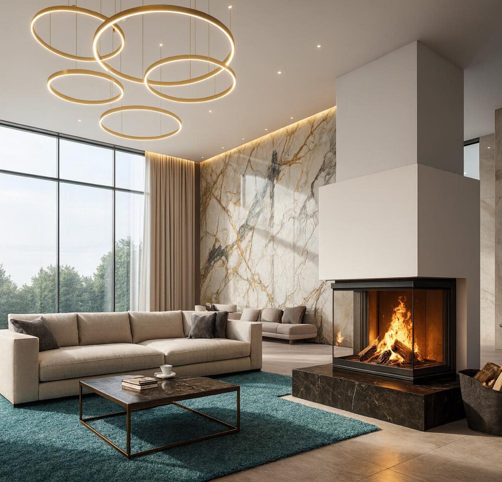 Moderner Raumteiler-Grundofen mit Panorama-Feuer