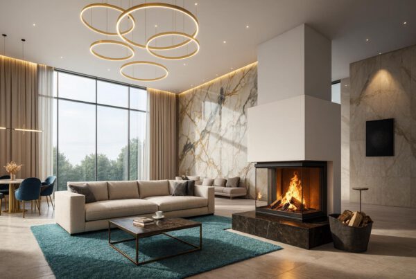 Moderner Raumteiler-Grundofen mit Panorama-Feuer