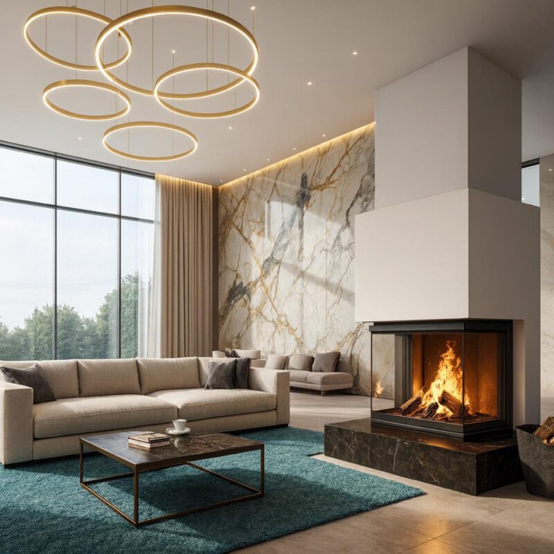 Moderner Raumteiler-Grundofen mit Panorama-Feuer