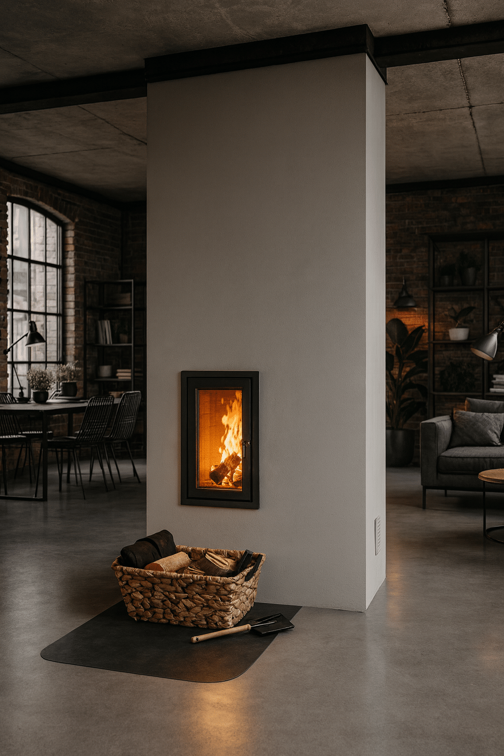 Moderner Ambio Grundofen in einer schlichten Raumteilersäule aus Sichtbeton, der ein offenes Loft mit Ess- und Wohnbereich zoniert.