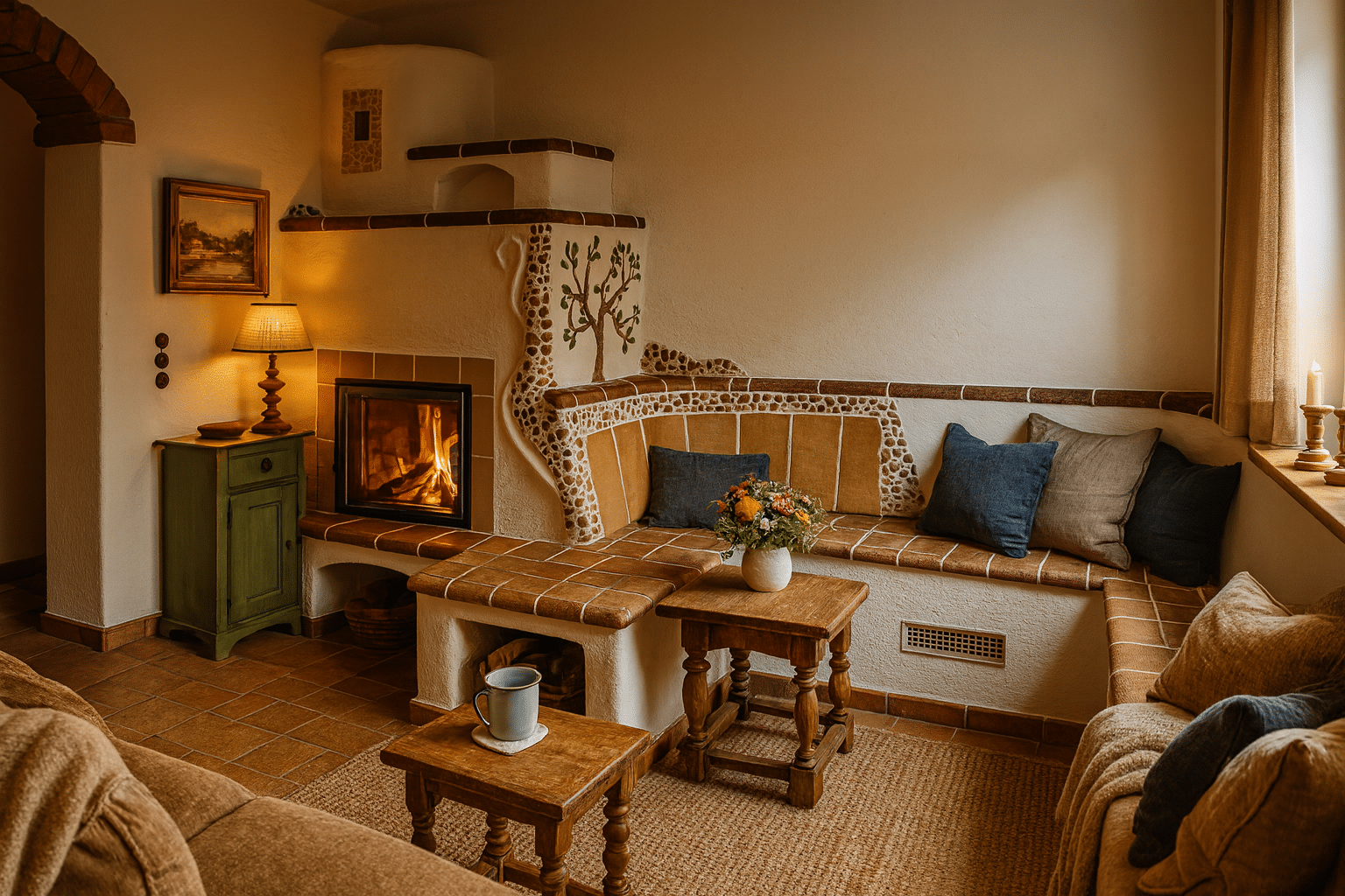 Traditioneller Ambio Grundofen mit keramischer Sitzbank, Naturstein-Details und warmem Licht in einer gemütlichen Wohnstube.