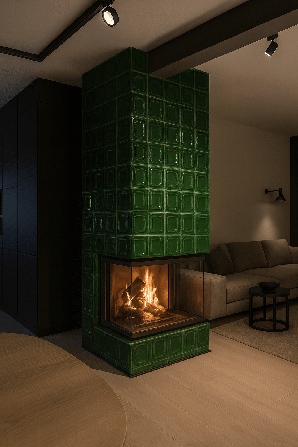 Moderner Ambio Kachelofen mit leuchtend grünen Keramikkacheln und dreiseitiger Glasscheibe in einem zeitgemäßen Wohnzimmer.