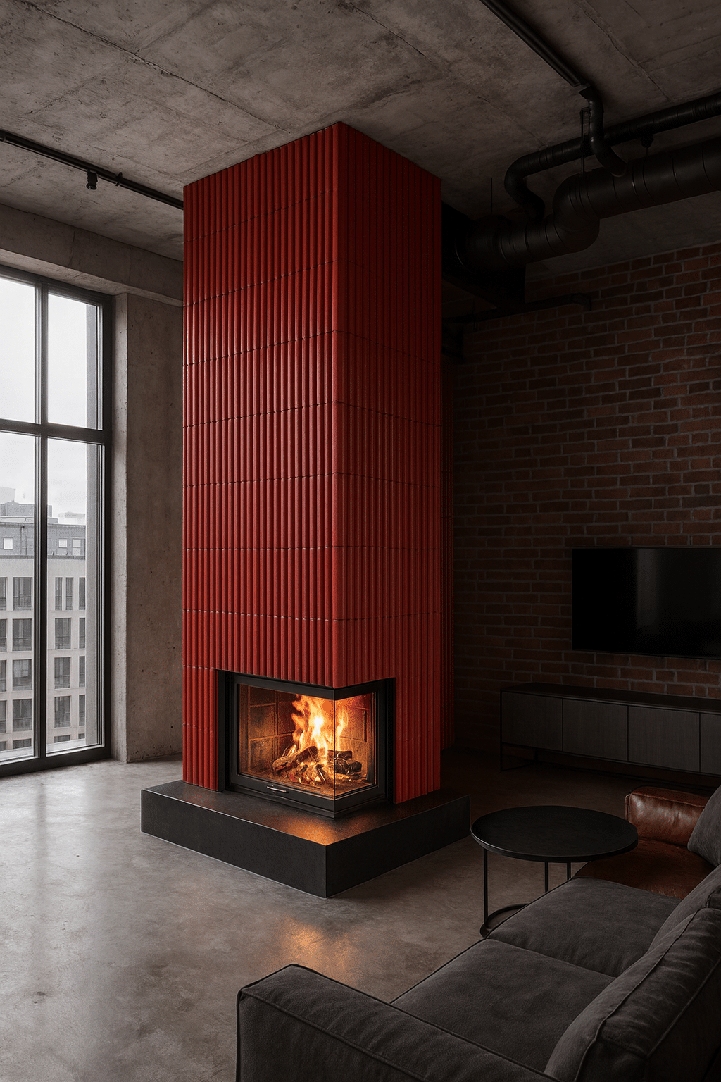Speicherofen in kräftigem Rot als Design-Highlight im Loft.