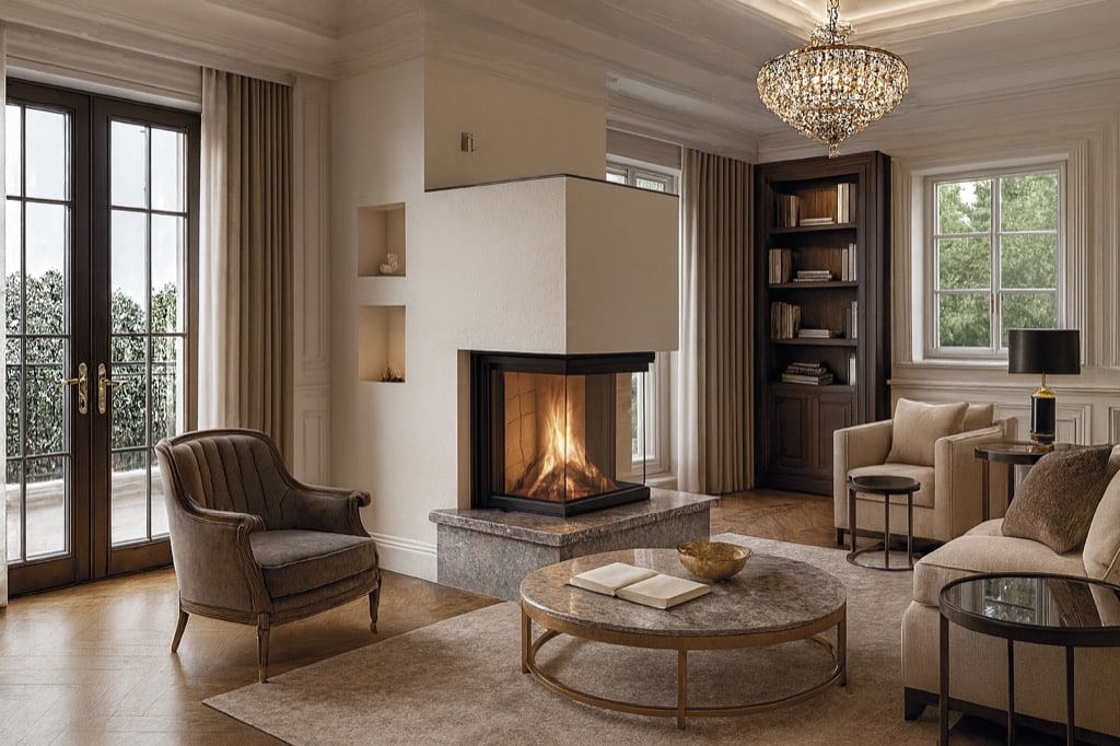 Dreiseitiger Luxus-Speicherofen mit Marmorsockel in klassischem Wohnzimmer mit edler Ausstattung