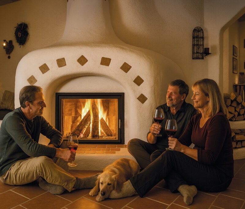 Speicherofen im rustikalen Landhausstil mit Familie vor gemütlichem Feuer und Hund