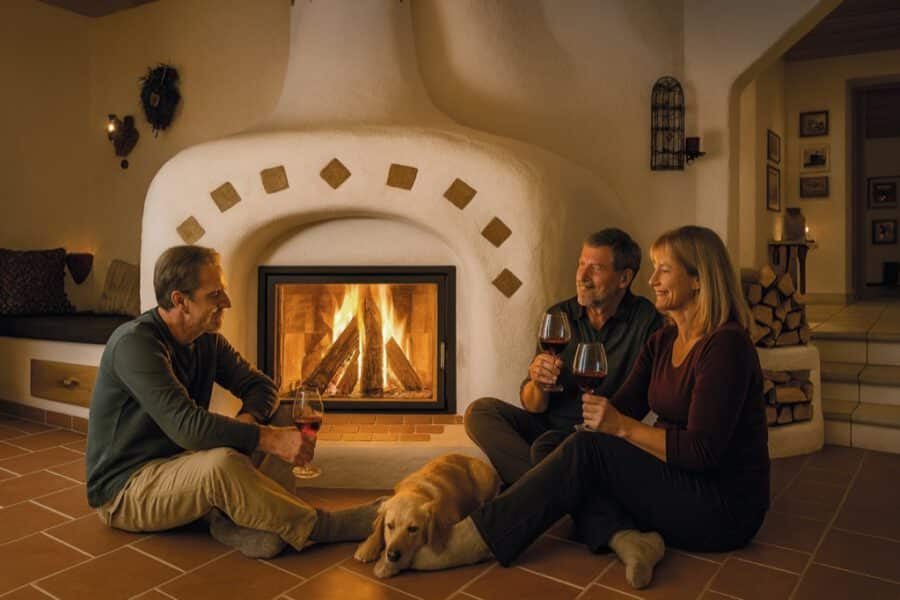Speicherofen im rustikalen Landhausstil mit Familie vor gemütlichem Feuer und Hund