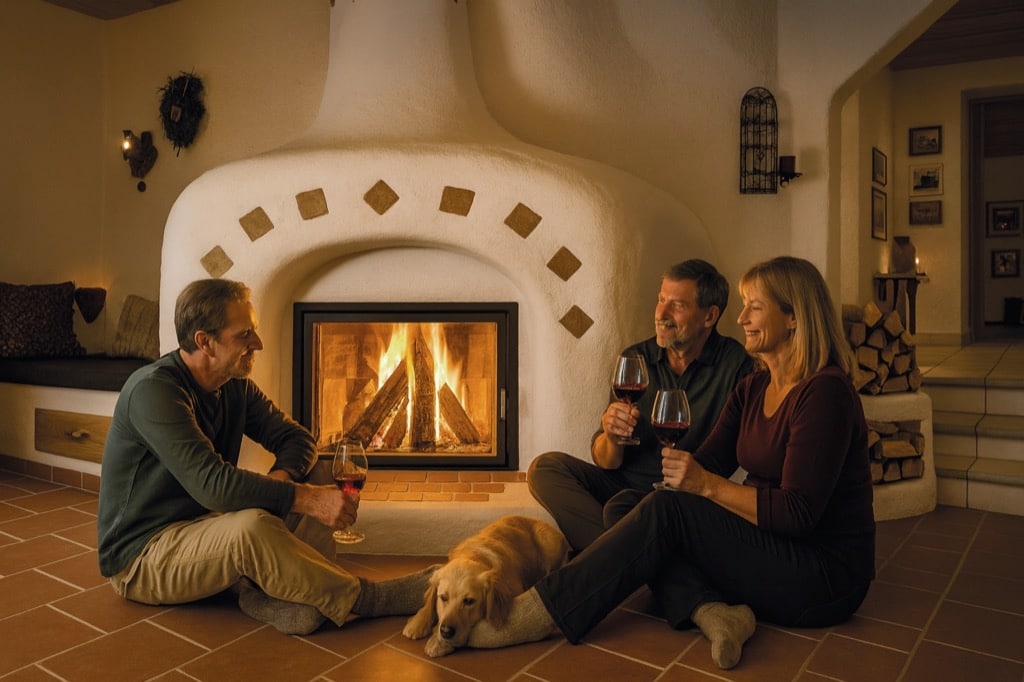 Speicherofen im rustikalen Landhausstil mit Familie vor gemütlichem Feuer und Hund