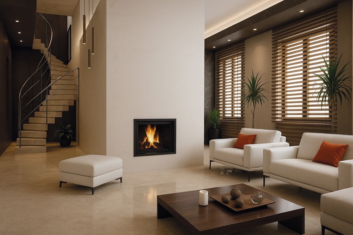 Großzügiger Wohnraum mit elegant integriertem Speicherofen in einer hohen Wand, umgeben von modernen Sitzmöbeln.