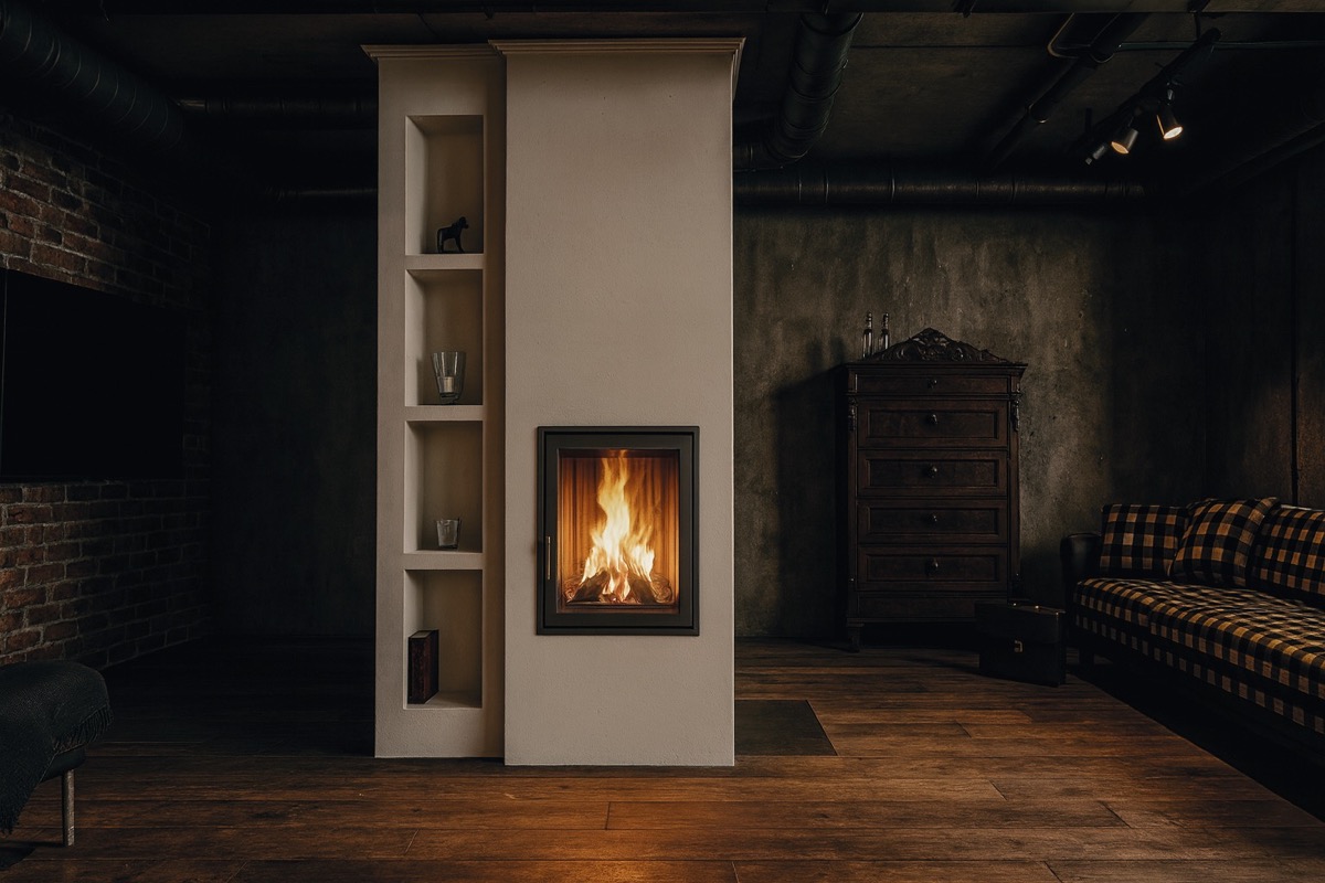 chlanker Palmyra Alto Speicherofen an Backsteinwand in industriellem Loft-Ambiente