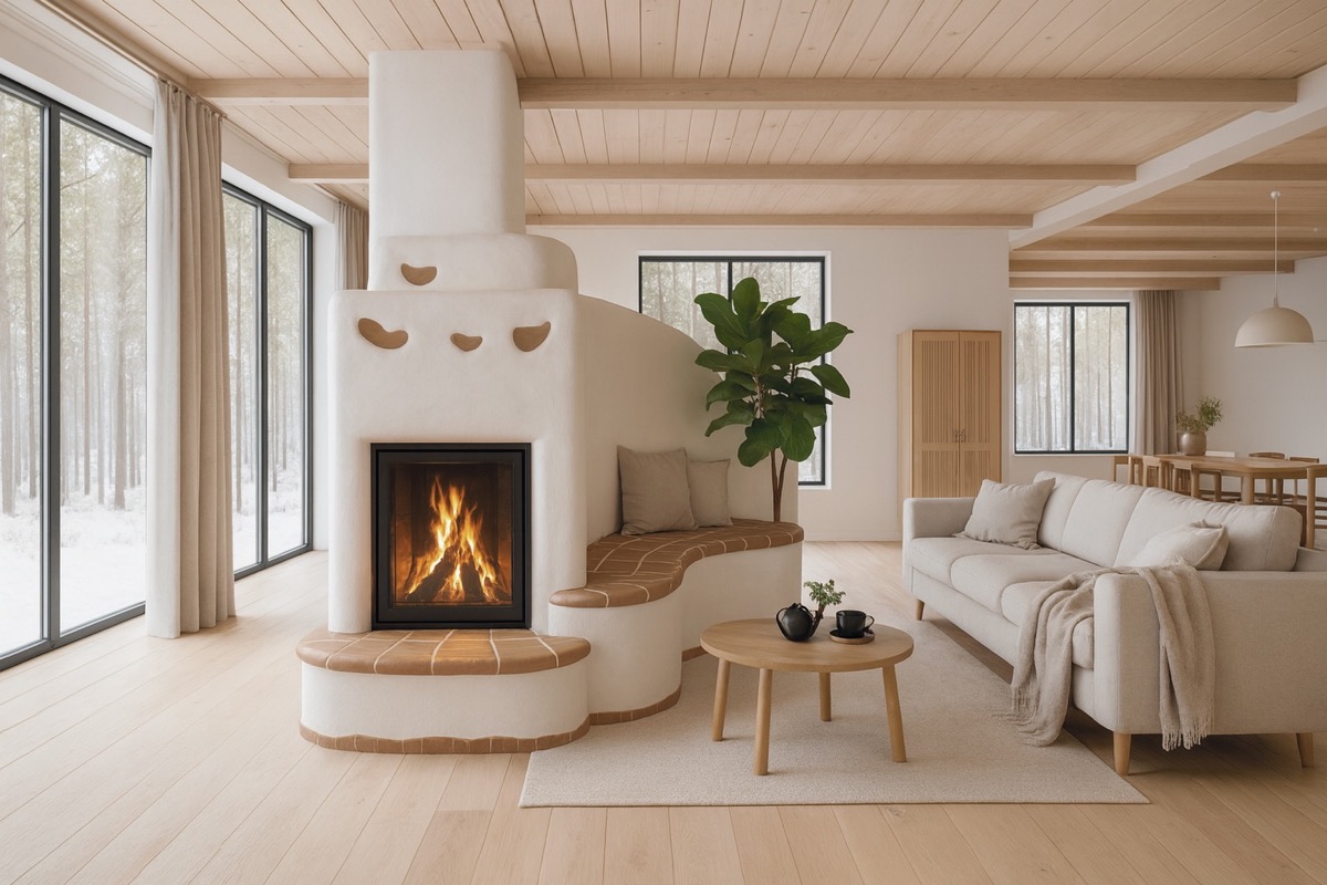 Organisch geformter Speicherofen mit integrierter Sitzbank in hellem, großzügigem Wohnraum mit viel Holz und großen Fensterflächen.