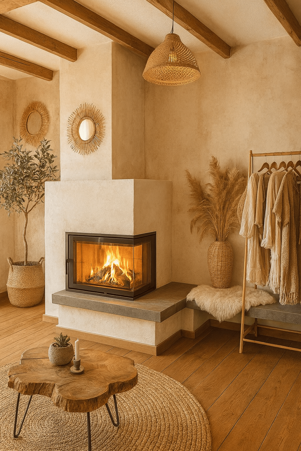 Moderner Grundofen mit Eckverglasung in natürlichem Wohnraum mit Lehmputz, Holzbalkendecke und warmem Holzfußboden