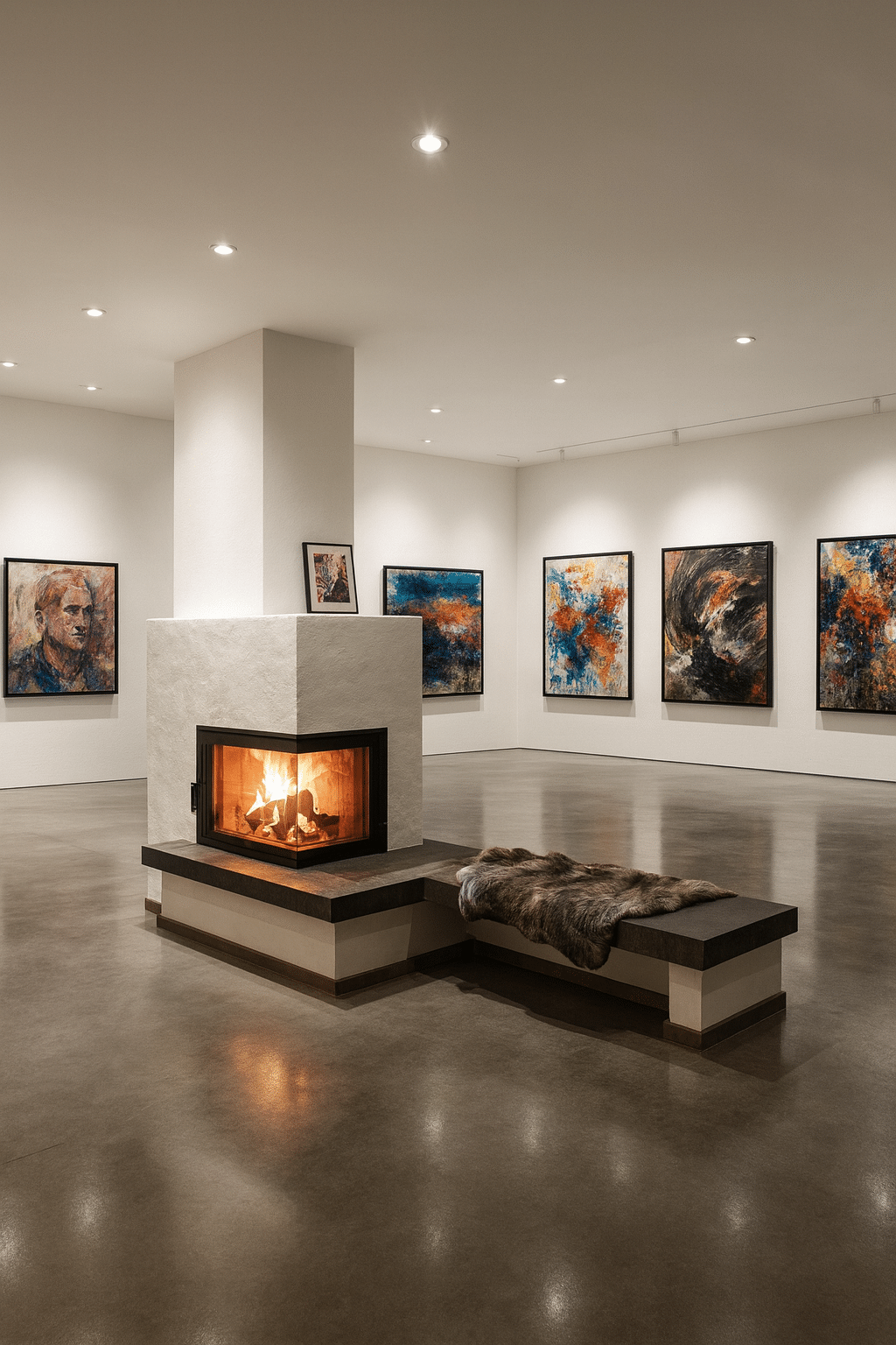 Freistehender Grundofen mit Eckverglasung in moderner Galerie mit Kunstwerken und Betonboden