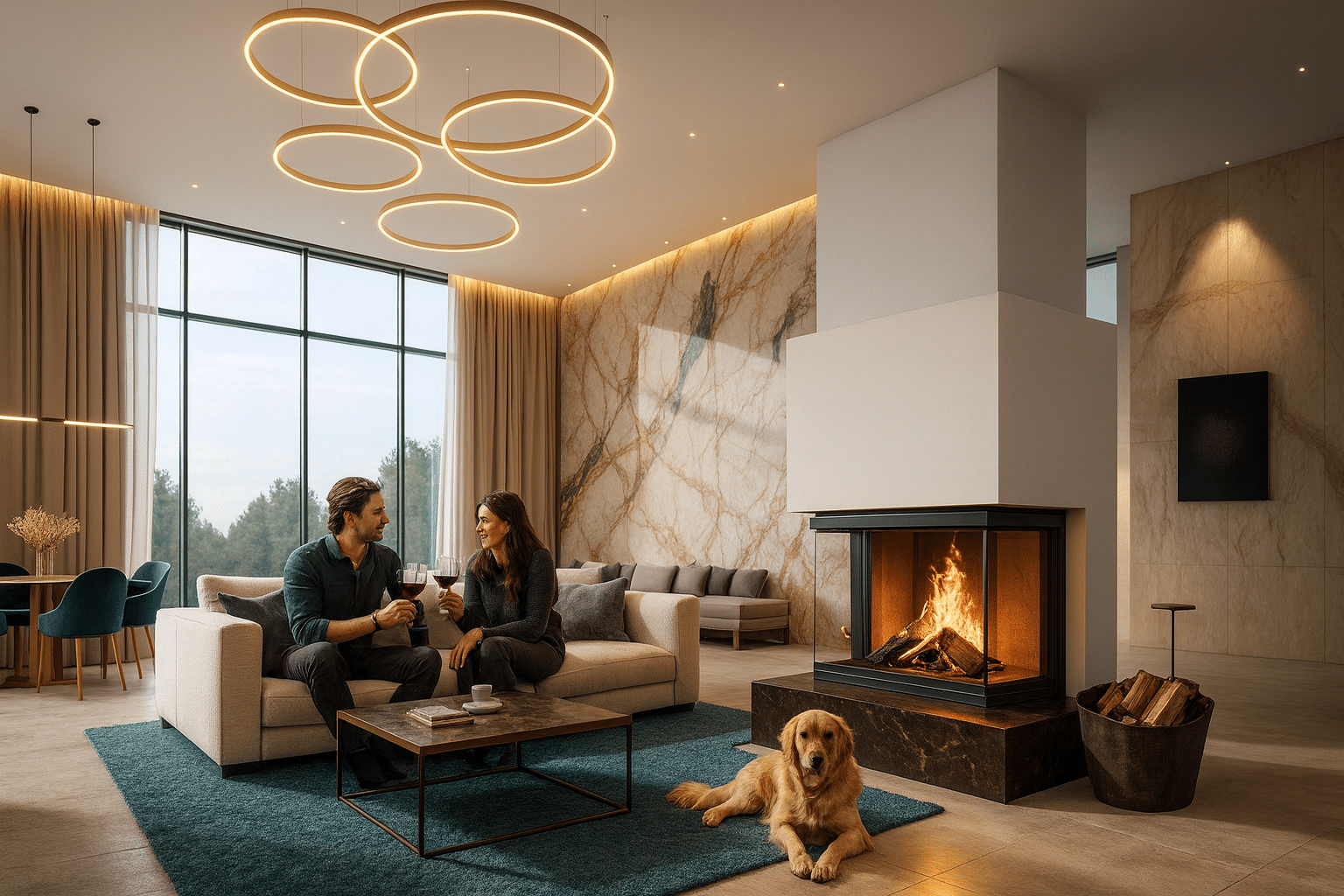 Moderner Grundofen mit Eckscheibe in großzügigem Wohnzimmer mit Sitzgruppe, Designleuchten und wohnlicher Atmosphäre