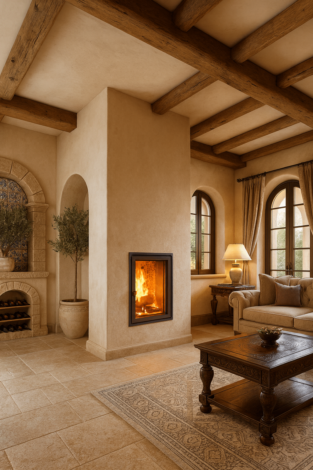 Grundofen mit Feuerraum in mediterranem Wohnraum mit Rundbögen, Holzbalkendecke und Natursteinboden