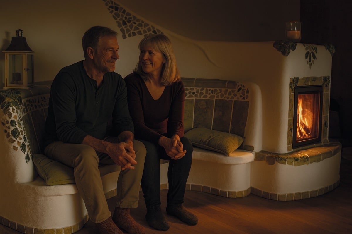 Glückliches Paar sitzt vor einem Ambio Speicherofen mit grünen Mosaikfliesen und genießt die wohlige Wärme