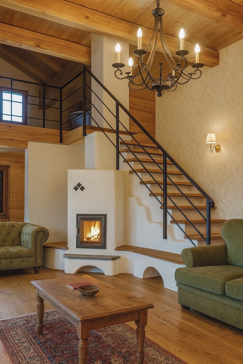 Kompakter Grundofen im Wohnraum mit Holztreppe, Holzbalkendecke und traditioneller Einrichtung