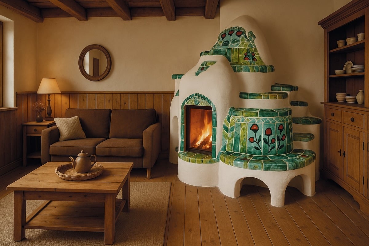 Traditioneller Ambio Kachelofen mit handbemalten grünen Keramikfliesen und integrierter Ofenbank in gemütlichem Wohnzimmer