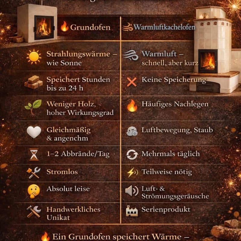 Vergleichstabelle Grundofen, Warmluftofen
