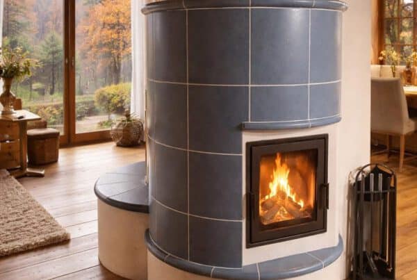 Handwerklich gesetzter Grundofen mit blauer Keramikverkleidung und Sichtfeuer im gemütlichen Wohnraum mit Blick in den Garten