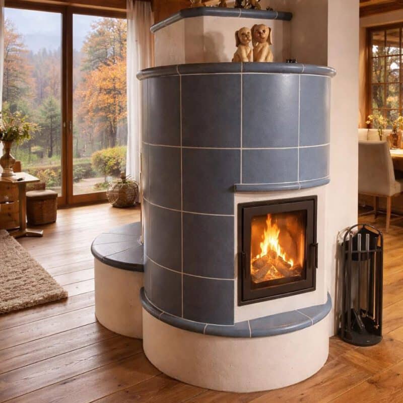 Handwerklich gesetzter Grundofen mit blauer Keramikverkleidung und Sichtfeuer im gemütlichen Wohnraum mit Blick in den Garten