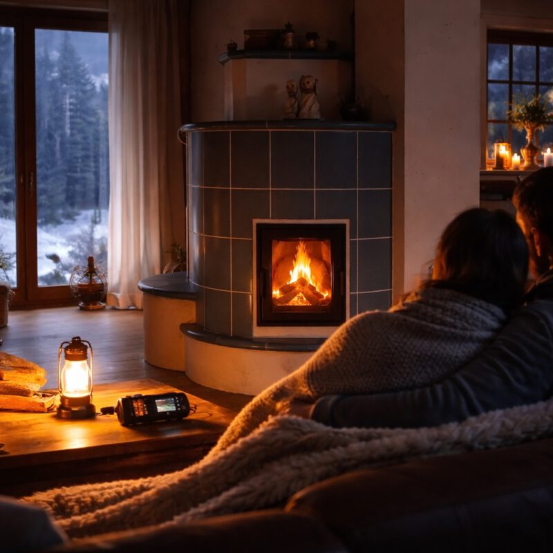Grundofen im Wohnzimmer liefert Wärme bei Stromausfall – Heizen ohne Strom mit Holzfeuer