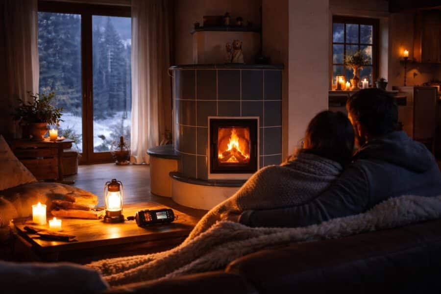 Grundofen im Wohnzimmer liefert Wärme bei Stromausfall – Heizen ohne Strom mit Holzfeuer